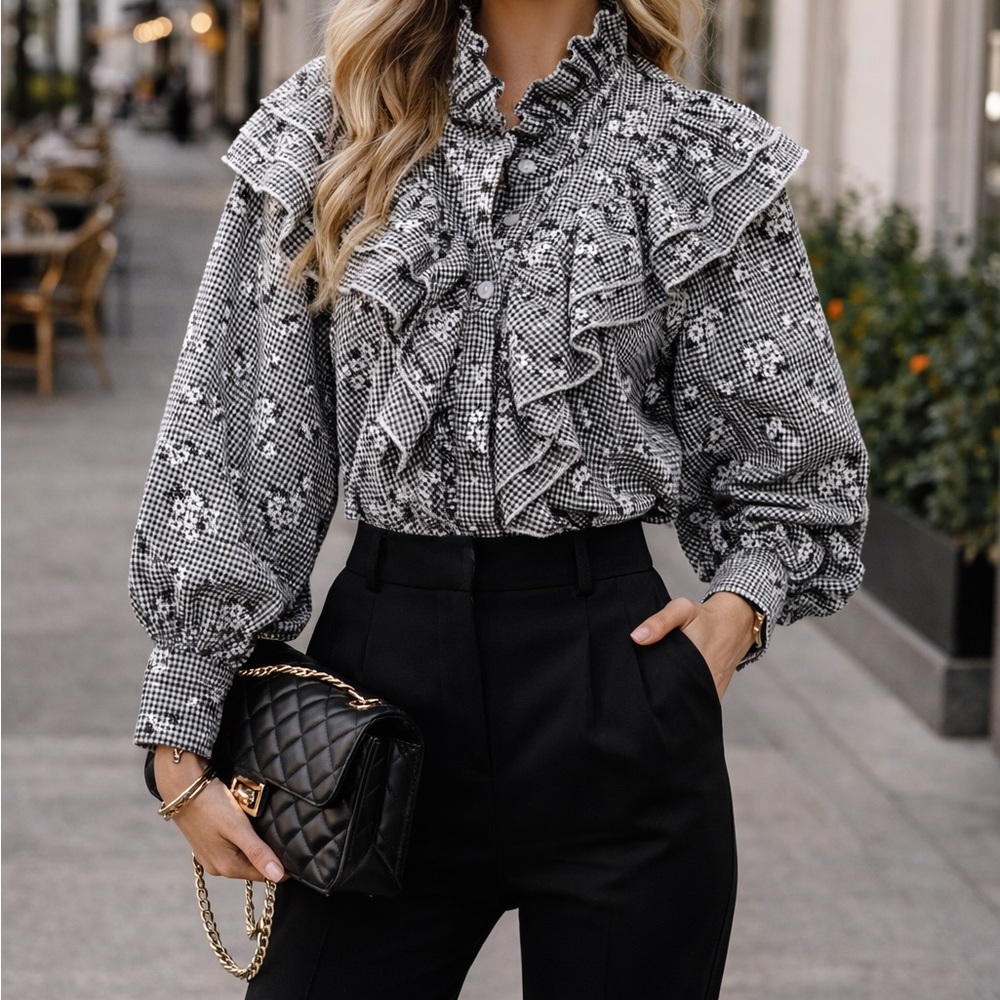 THE SHIRT Rochelle Behrens gingham floral button up ruffle neck size large